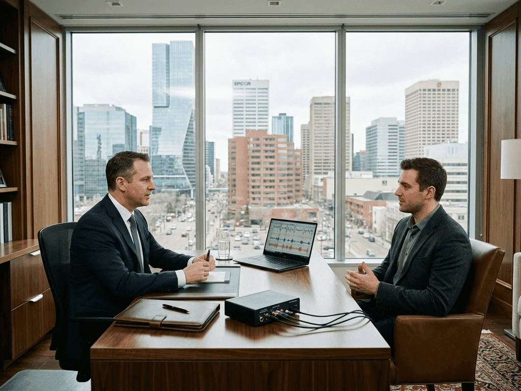 Certified examiner conducting a lie detector test edmonton in private professional office