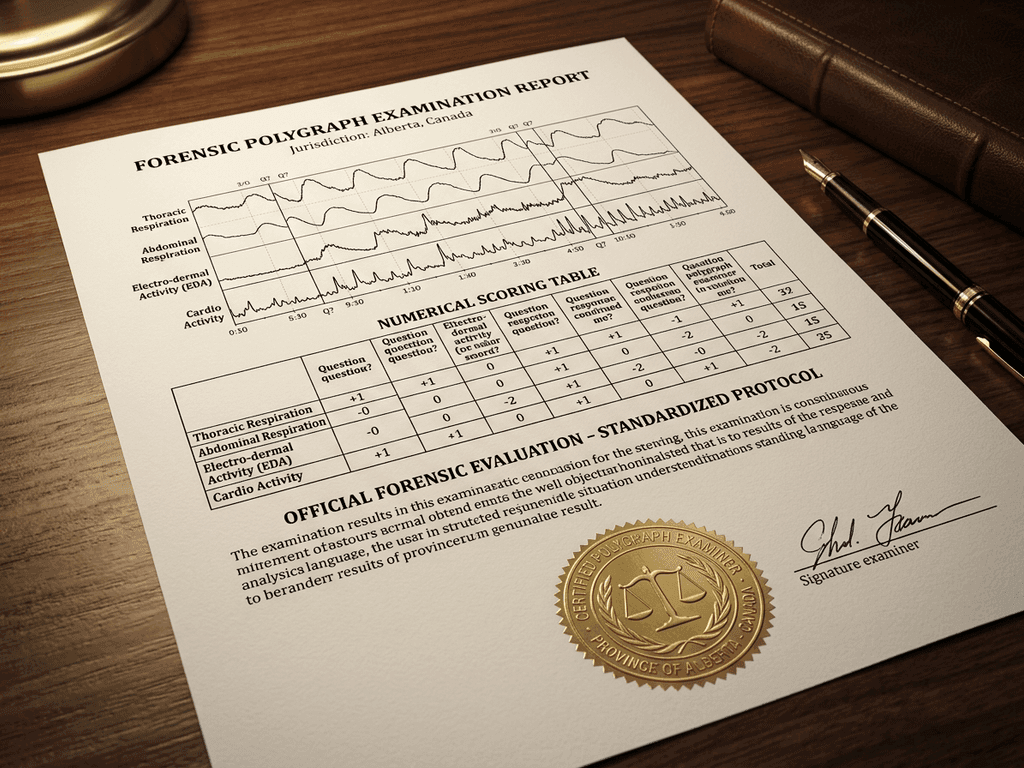 Official accredited edmonton polygraph testing diagnostic report with numerical chart scoring