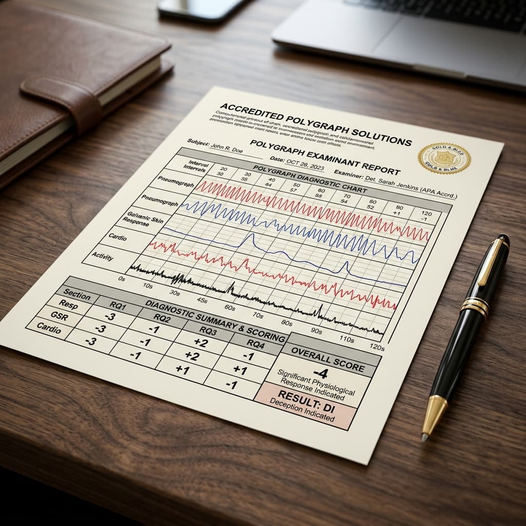 Accredited Polygraph Testing Calgary - Standardized Forensic Examination Report Official accredited polygraph testing Calgary diagnostic report with objective numerical chart scoring